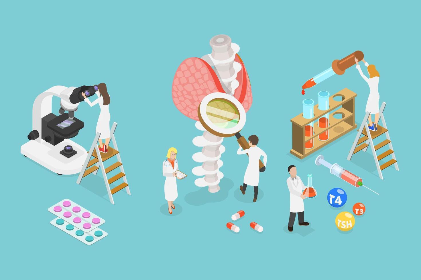3D Isometric Flat Conceptual Illustration of Endocrinologist, Doctor Diagnose and Treat Human Thyroid Gland vector