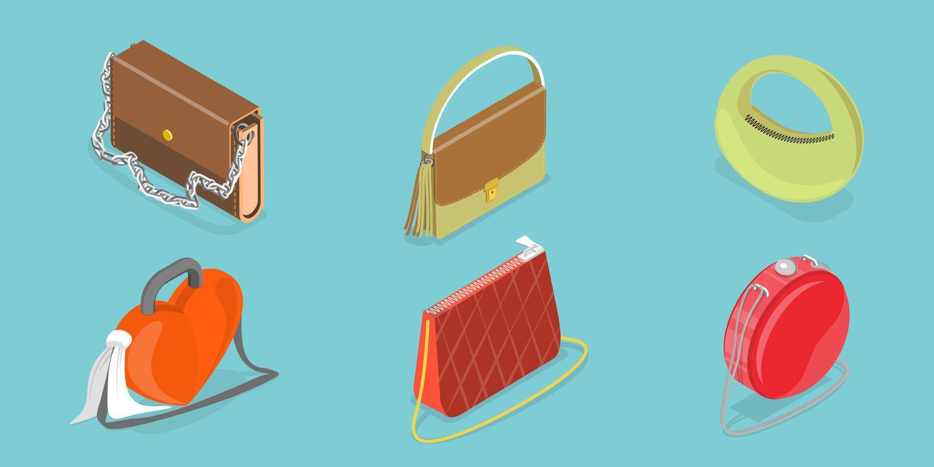 3D Isometric Flat Icon of Handbags Set, Stylish Women Bags vector