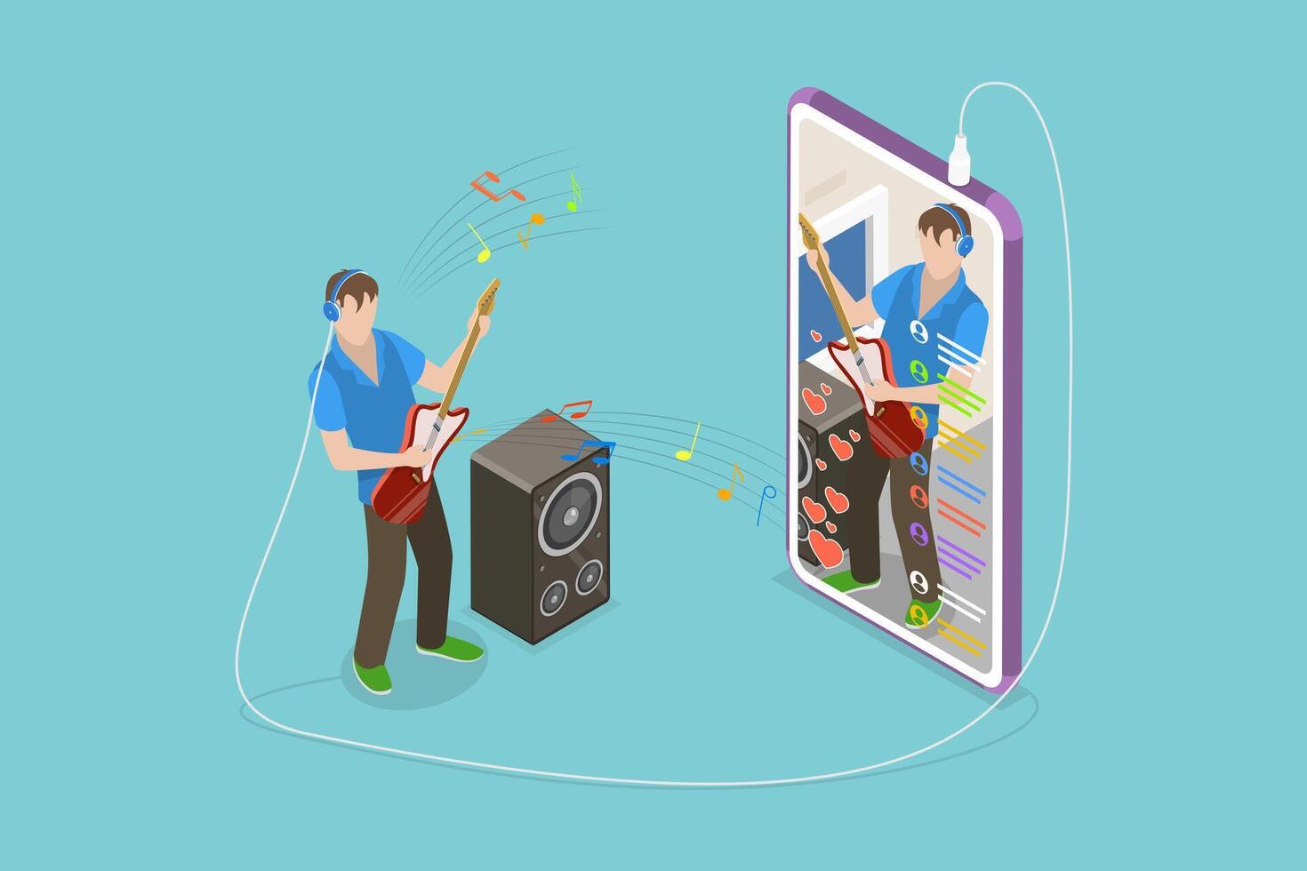 3D Isometric Flat Conceptual Illustration of Musician Vlogger, Online Music Performance vector