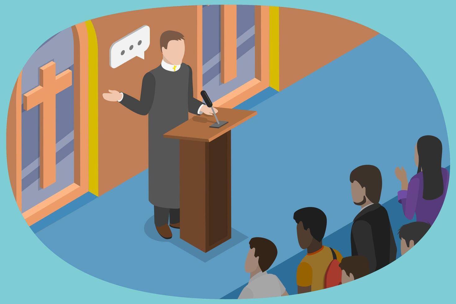 3D Isometric Flat Conceptual Illustration of Missionary Church, Pastor Conducting a Church Service vector