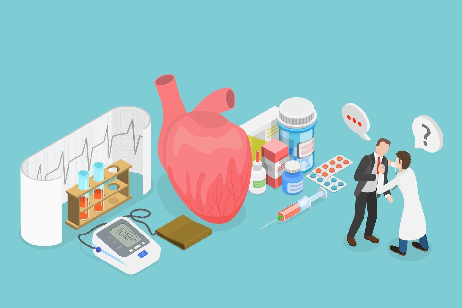 3D Isometric Flat Conceptual Illustration of ECG Cardiogram, Cardiovascular Checkup with Cardiogram in Hospital vector