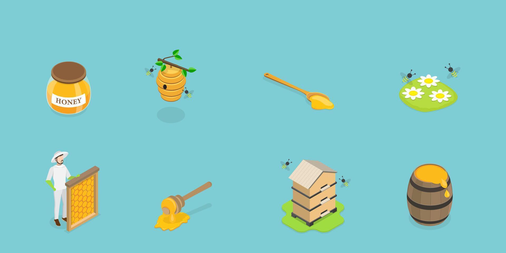 3D Isometric Flat Set of Beekeeping, Honey Collecting vector