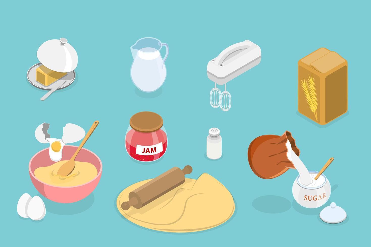 3D Isometric Flat Conceptual Illustration of Dough Cooking, Preparation Homemade Pastry or Baking vector