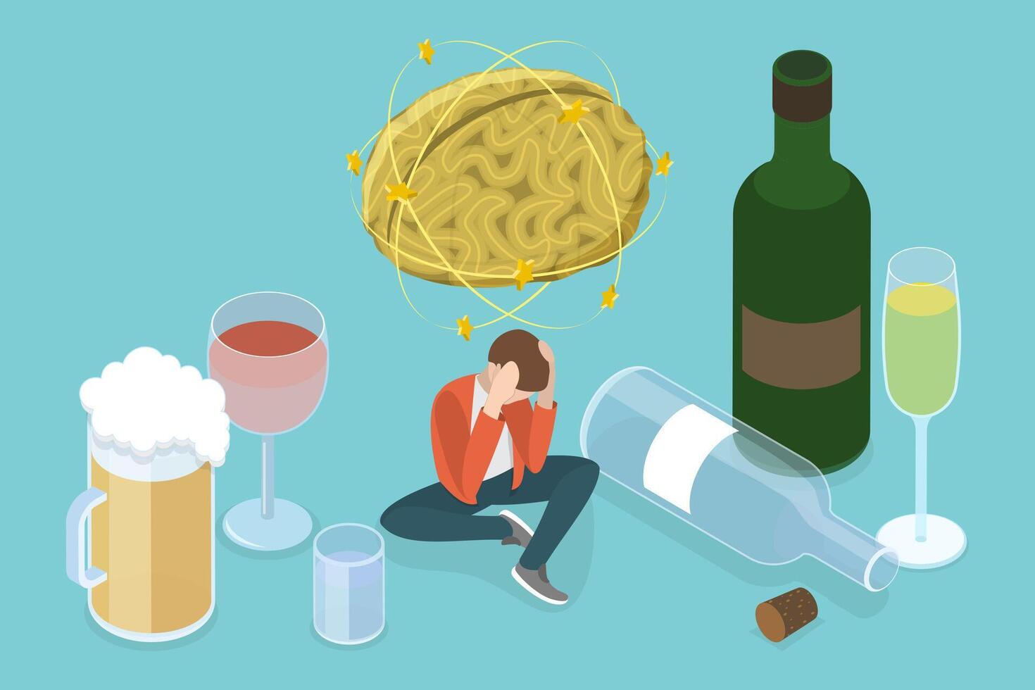 3D Isometric Flat Conceptual Illustration of Alcohol Addiction Problem, Bad Habits vector