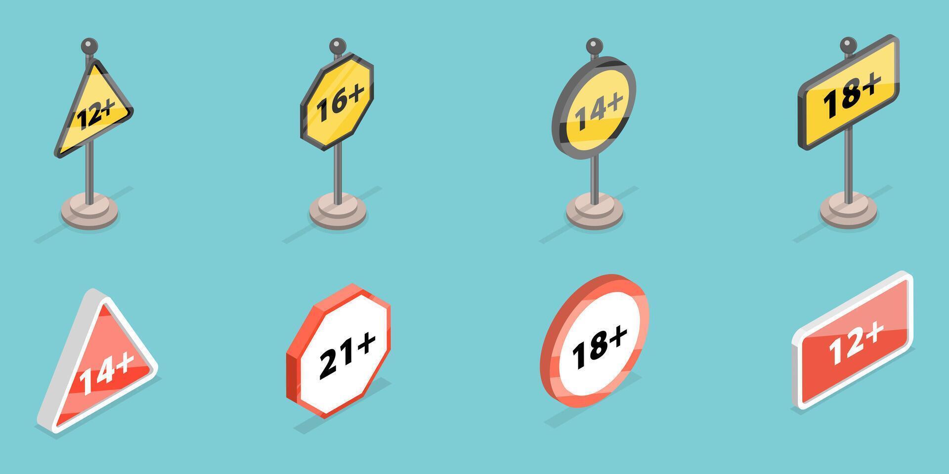 3D Isometric Flat Set of Sensitive Content Signs, Under Age Content vector