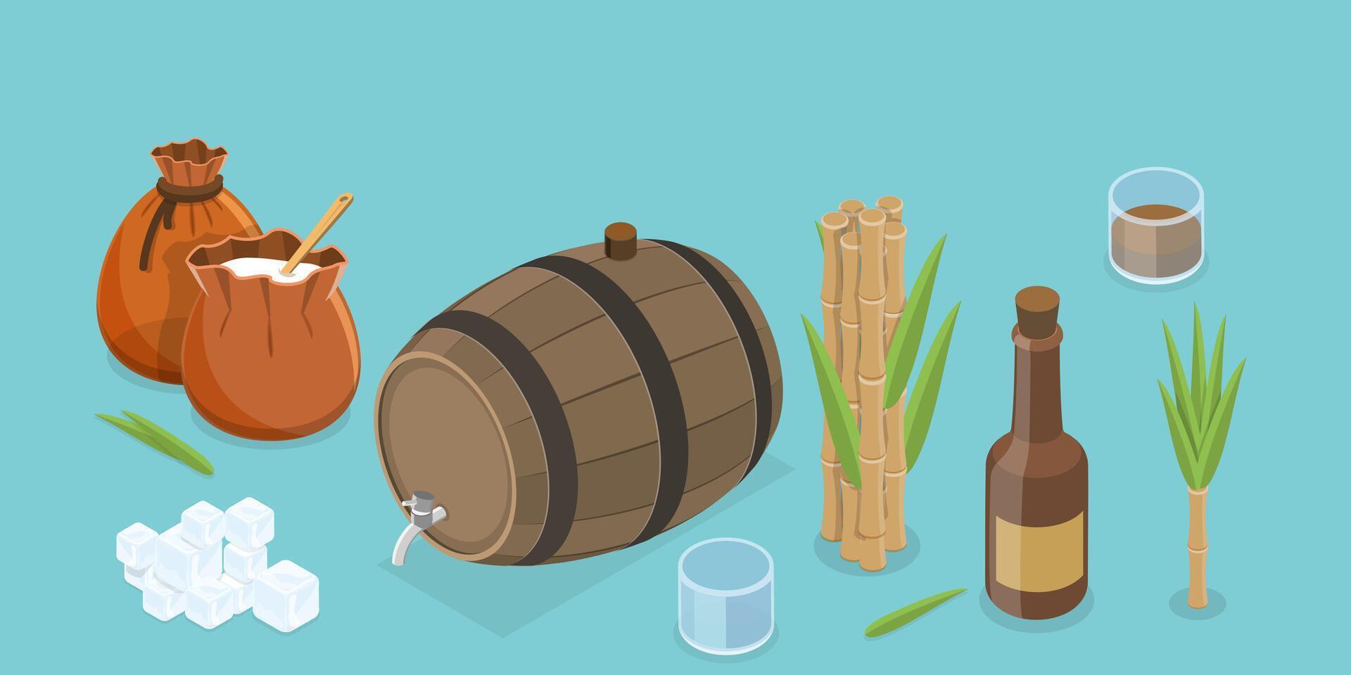 3D Isometric Flat Set of Rum Products, Alcohol Drink Production vector