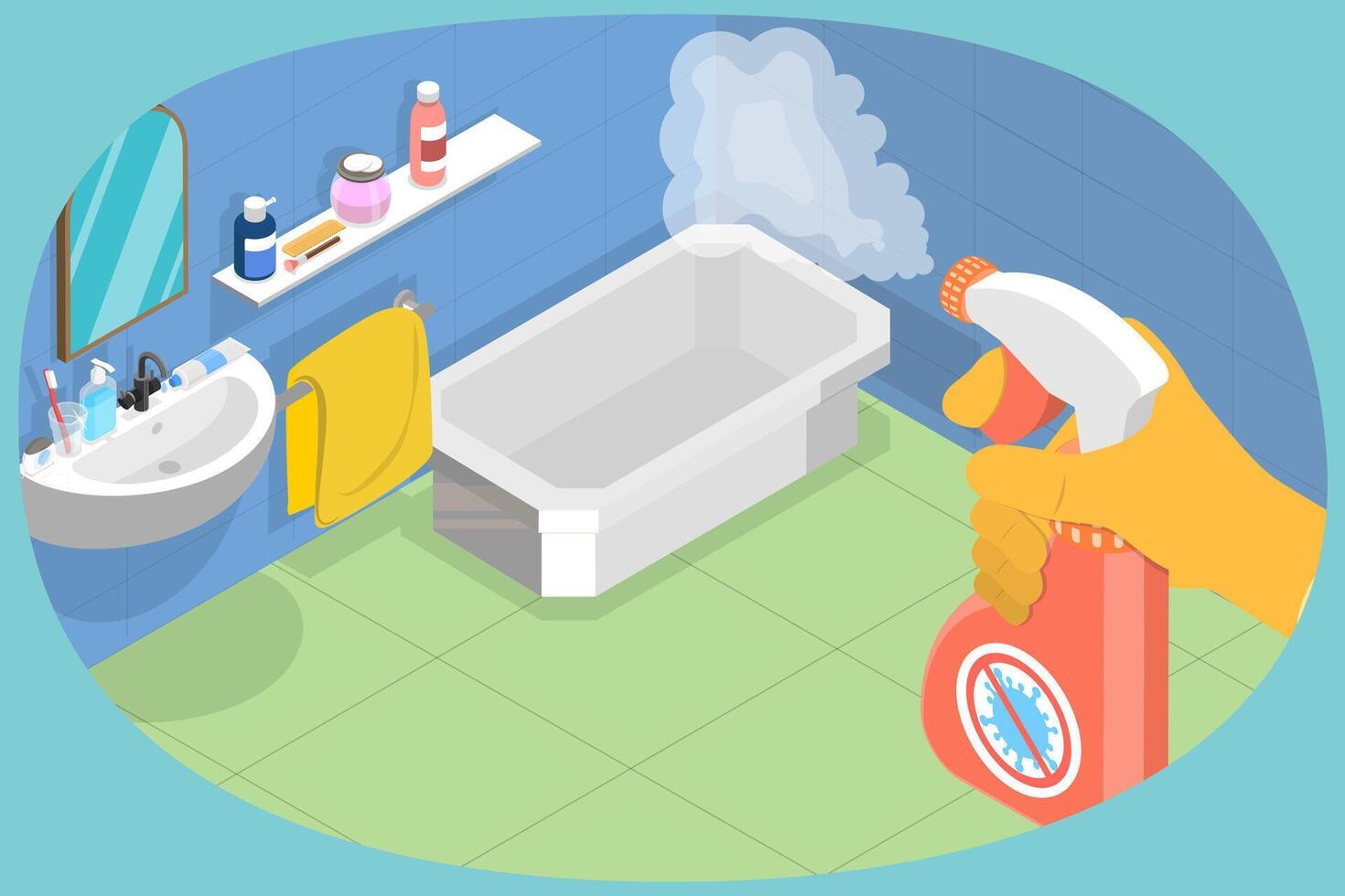 3D Isometric Flat Conceptual Illustration of Bathroom Disinfectant, Cleaning with Spray Detergent vector