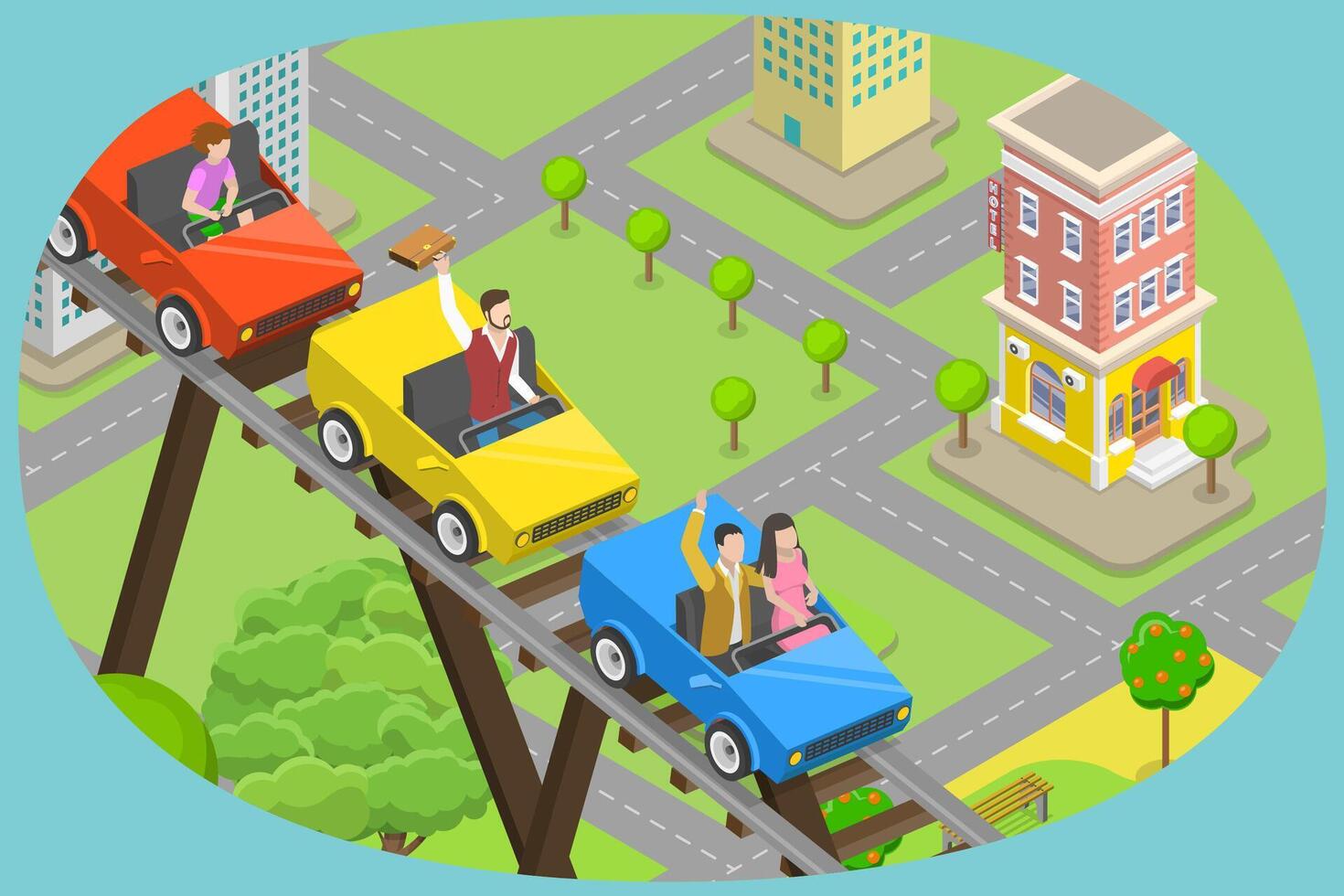 3D Isometric Flat Conceptual Illustration of Rollercoaster Ride, Entertainment, Leisure andd Weekend Activity vector