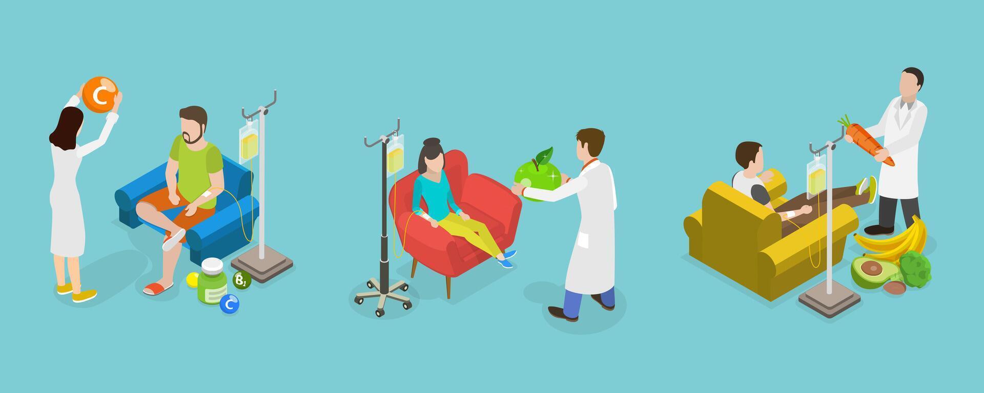 3D Isometric Flat Conceptual Illustration of Intravenous Therapy, IV Drip Vitamin Infusion vector