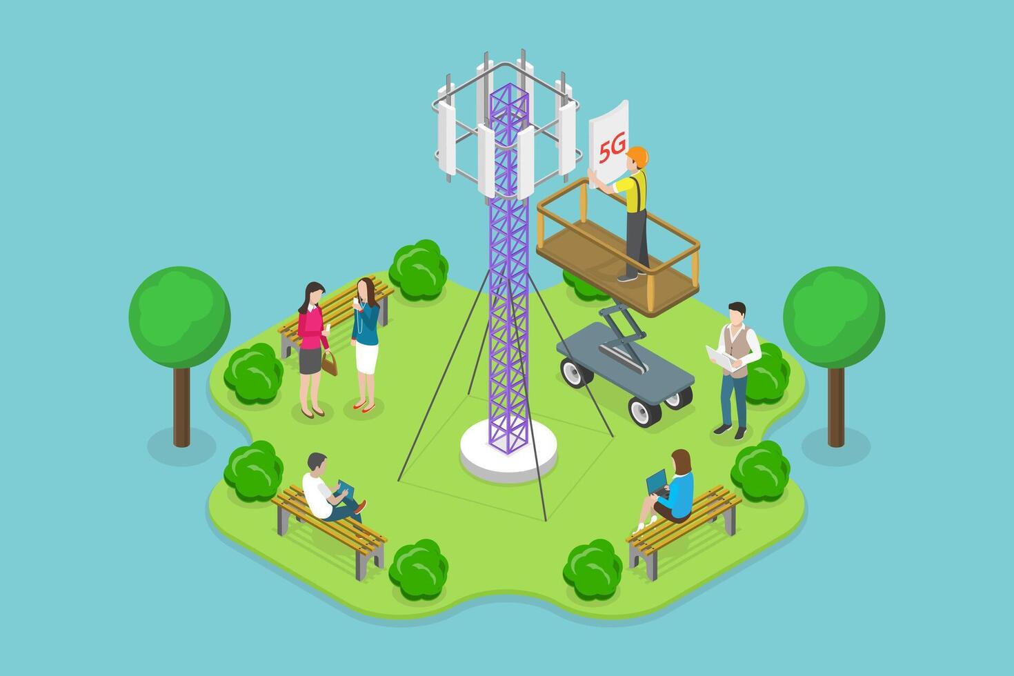 3D Isometric Flat Conceptual Illustration of 5G Technology, 5G Mast Base Stations vector