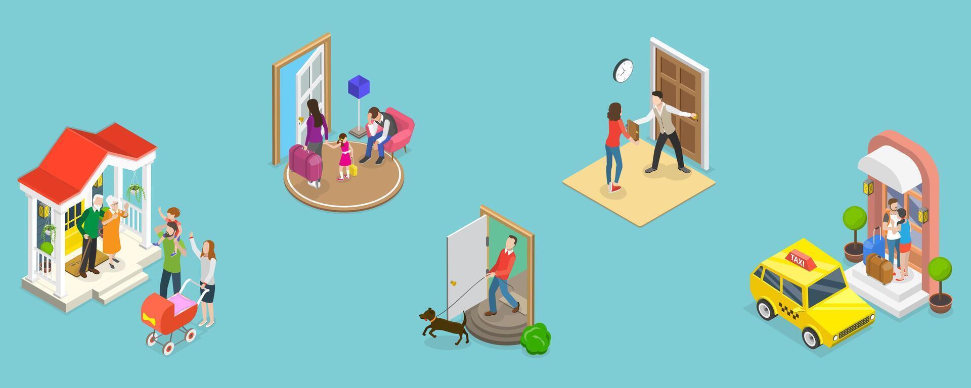 3D Isometric Flat Conceptual Illustration of Set Of People Leaving Home, Goodbye on House Doorstep vector