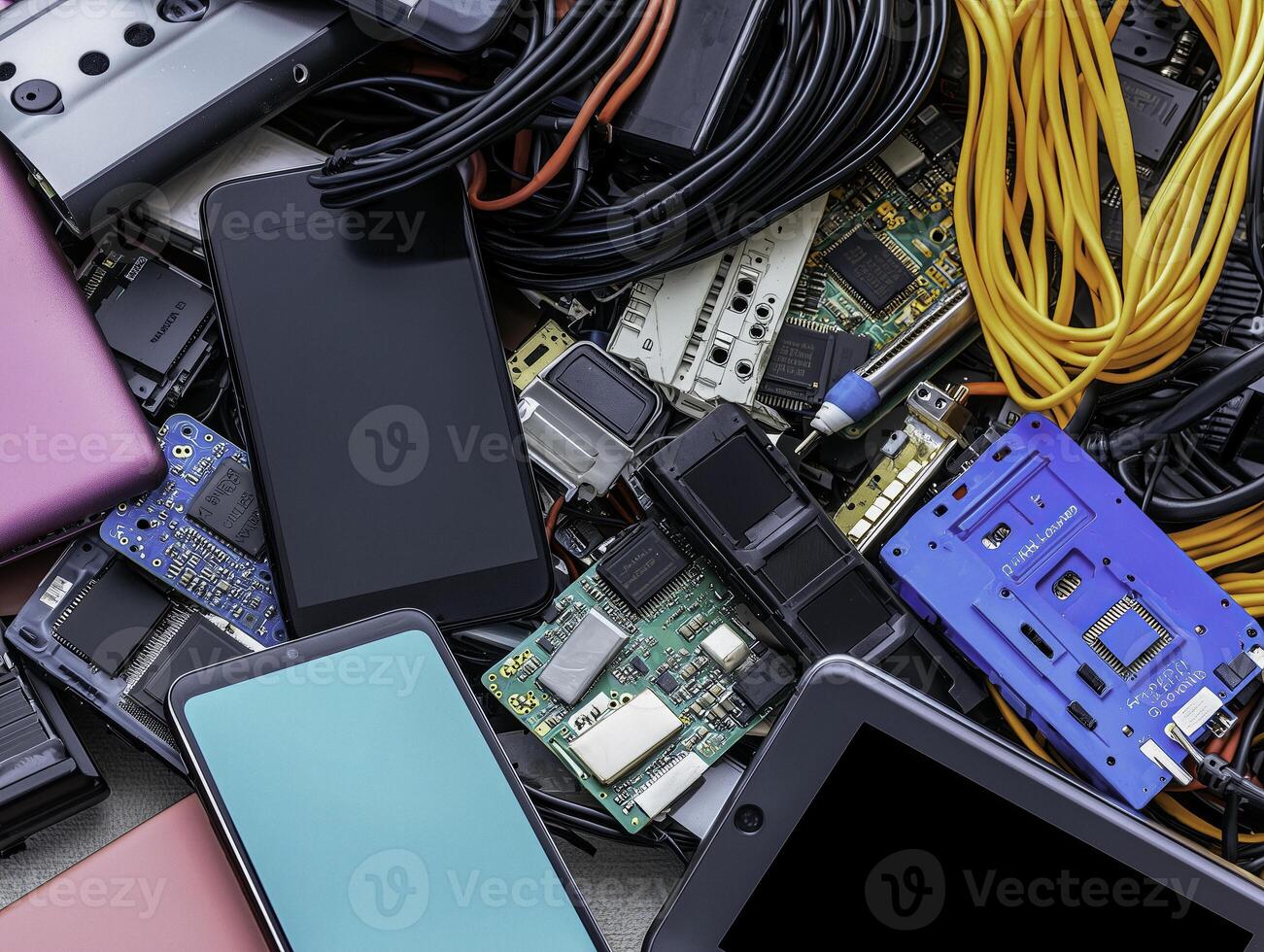 Used phones and laptop parts for e-waste recycling. Large colored heap of electronic, plastic and metal refuse from old discarded or obsolete components. Ecological danger. photo