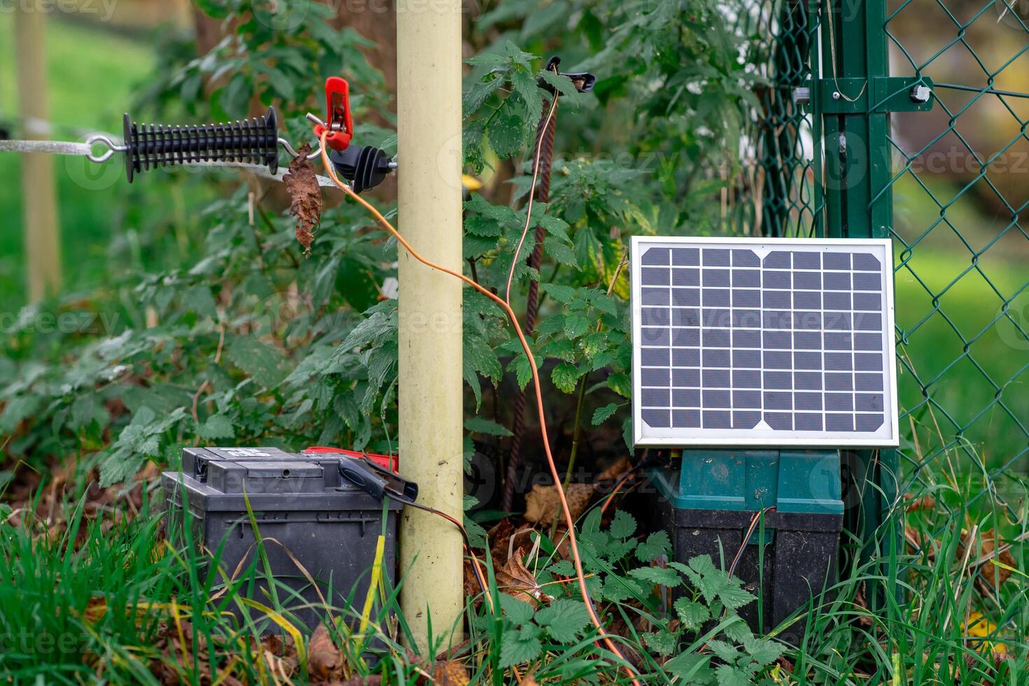 Small Solar farm, View of a small solar panel connected to a fence on a farm. photo