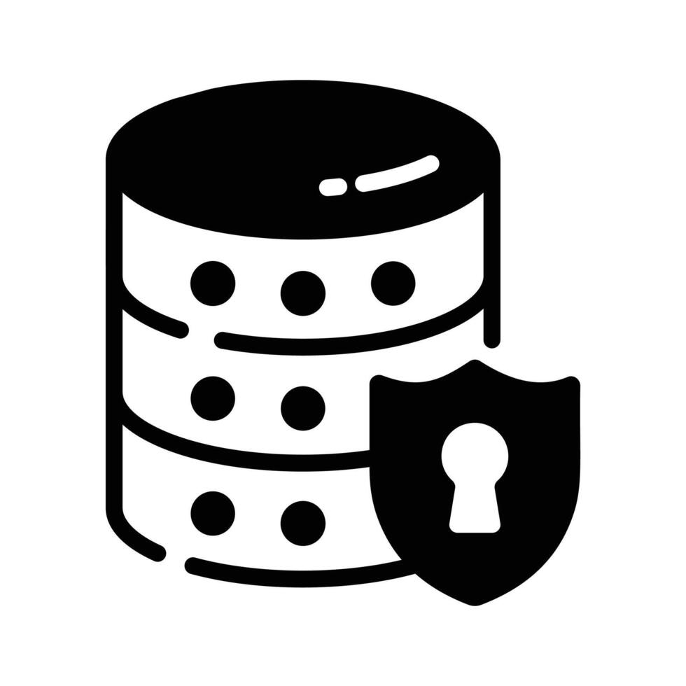 Glyph style icon showing secure database with shield. vector