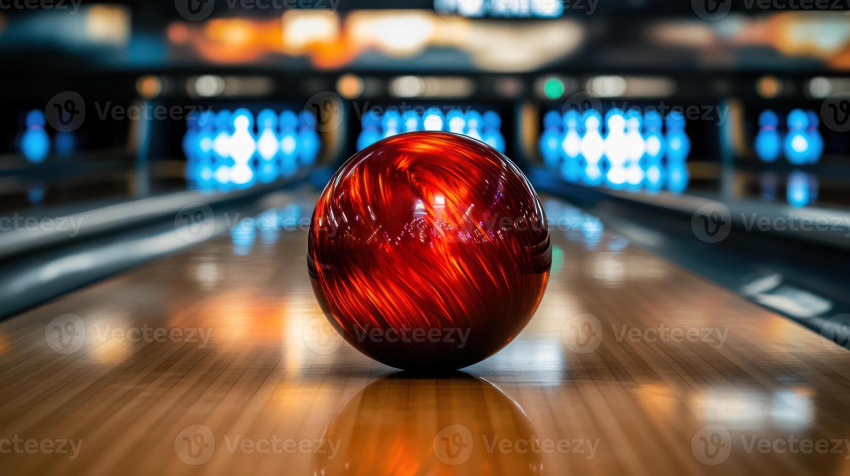 A bowling ball sits on the floor in front of a bowling alley photo