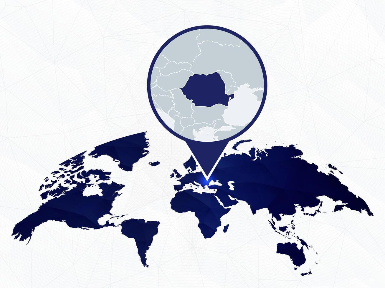 Romania detailed map highlighted on blue rounded World Map. vector