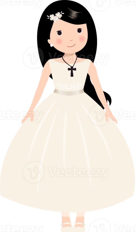 First Holy Communion Girl Character with Black Hair, Girl in Communion Dress png