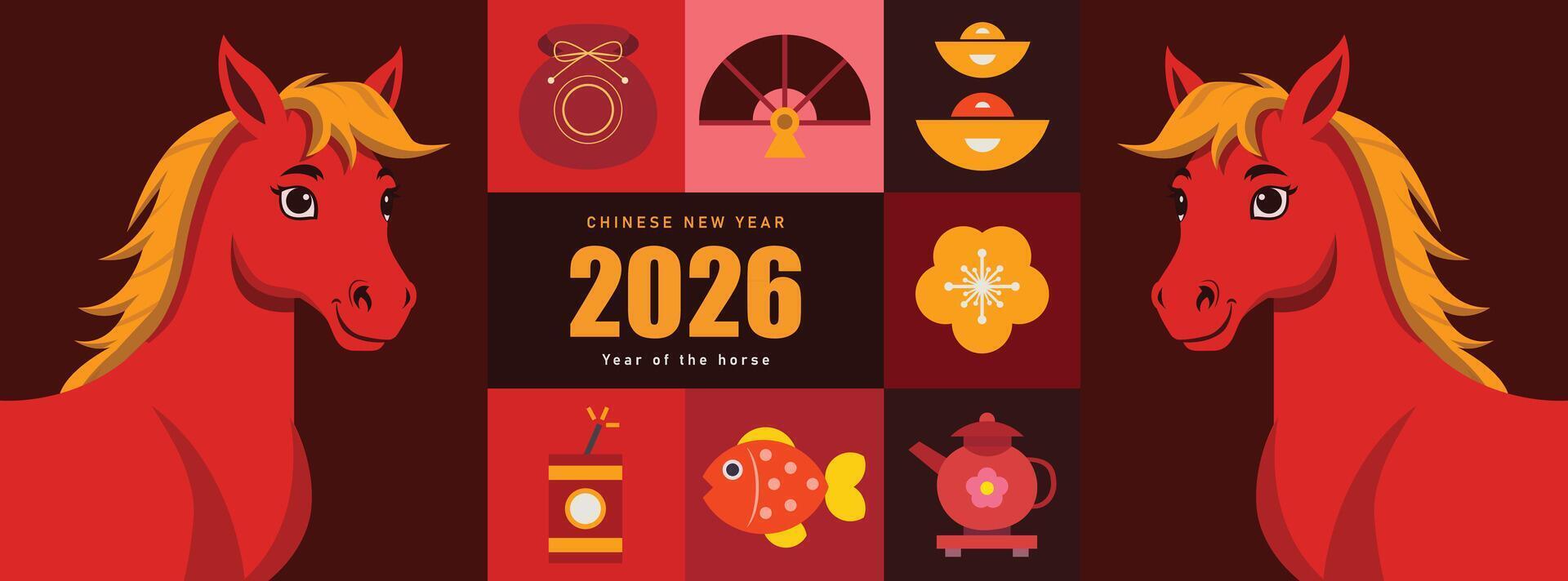 Chinese New Year 2026. Set of Backgrounds. Festive Gift Card Templates. Modern Flat Design Elements. Festive Ads, Web Poster, Flyers and Brochures, Greeting Cards, Bright Group Covers vector