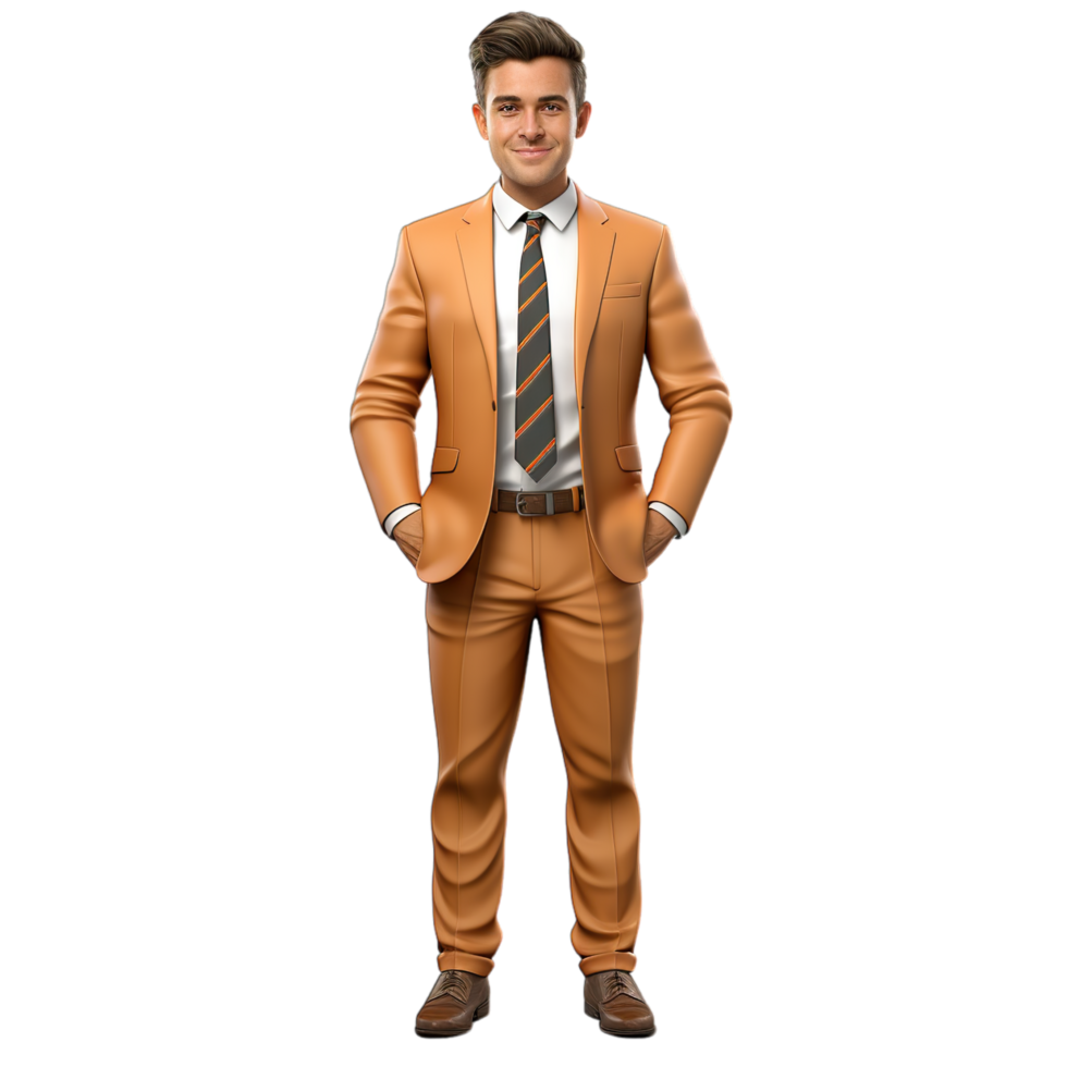 A man in a suit and tie standing with his hands in his pockets png