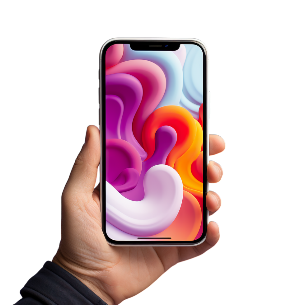 A person holding an iphone xr with colorful swirls on the screen png