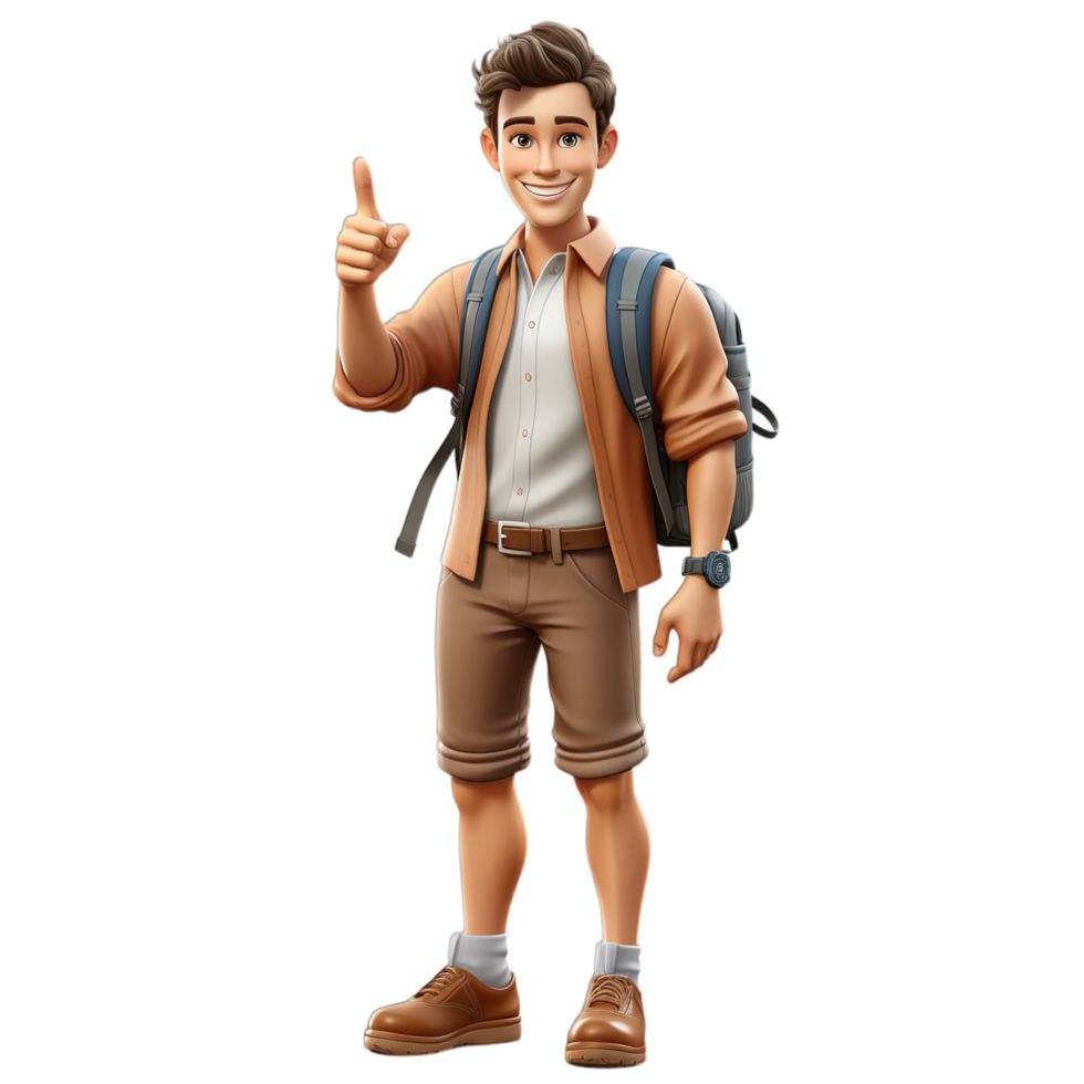 A man with a backpack and backpack is pointing up png