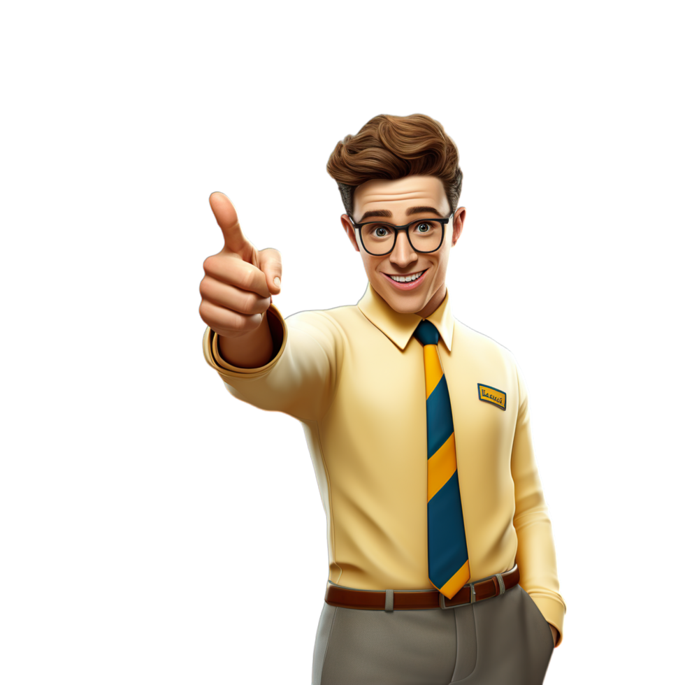 A man in a yellow shirt and tie pointing at something png