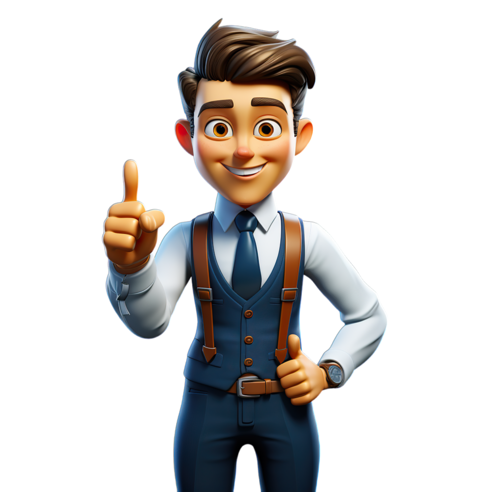 A cartoon man in a suit and tie pointing up png