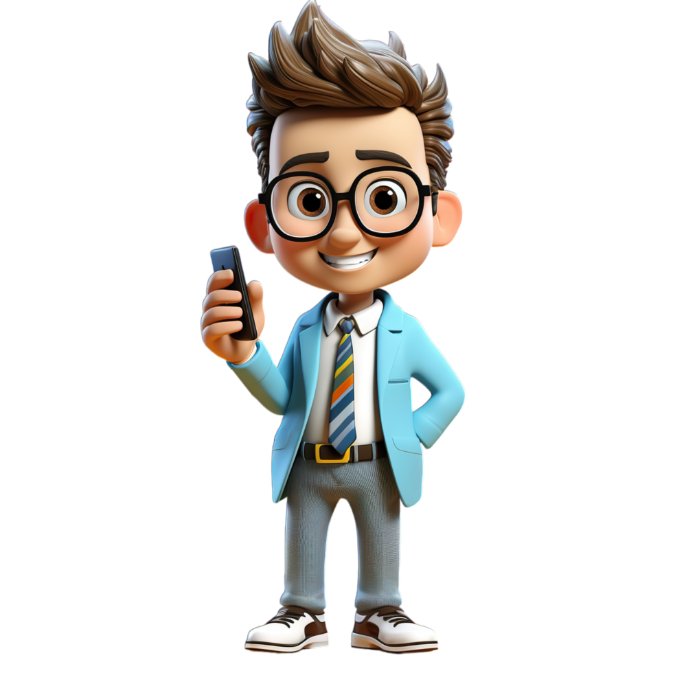 A cartoon character with glasses and a suit holding a cell phone png