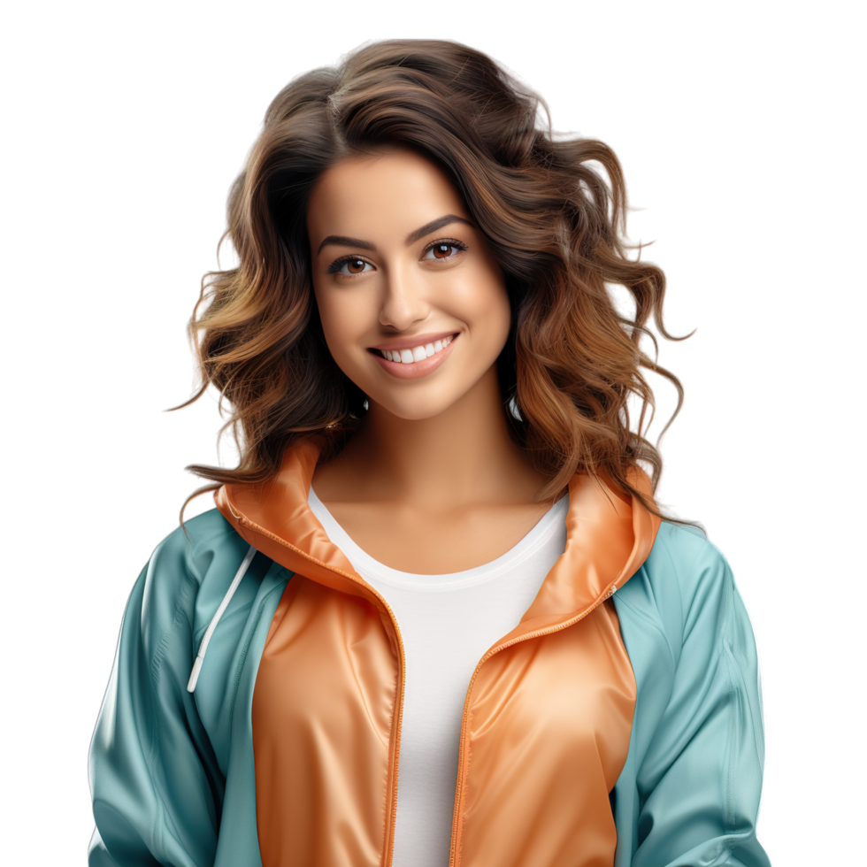 A woman in a jacket with orange and blue png
