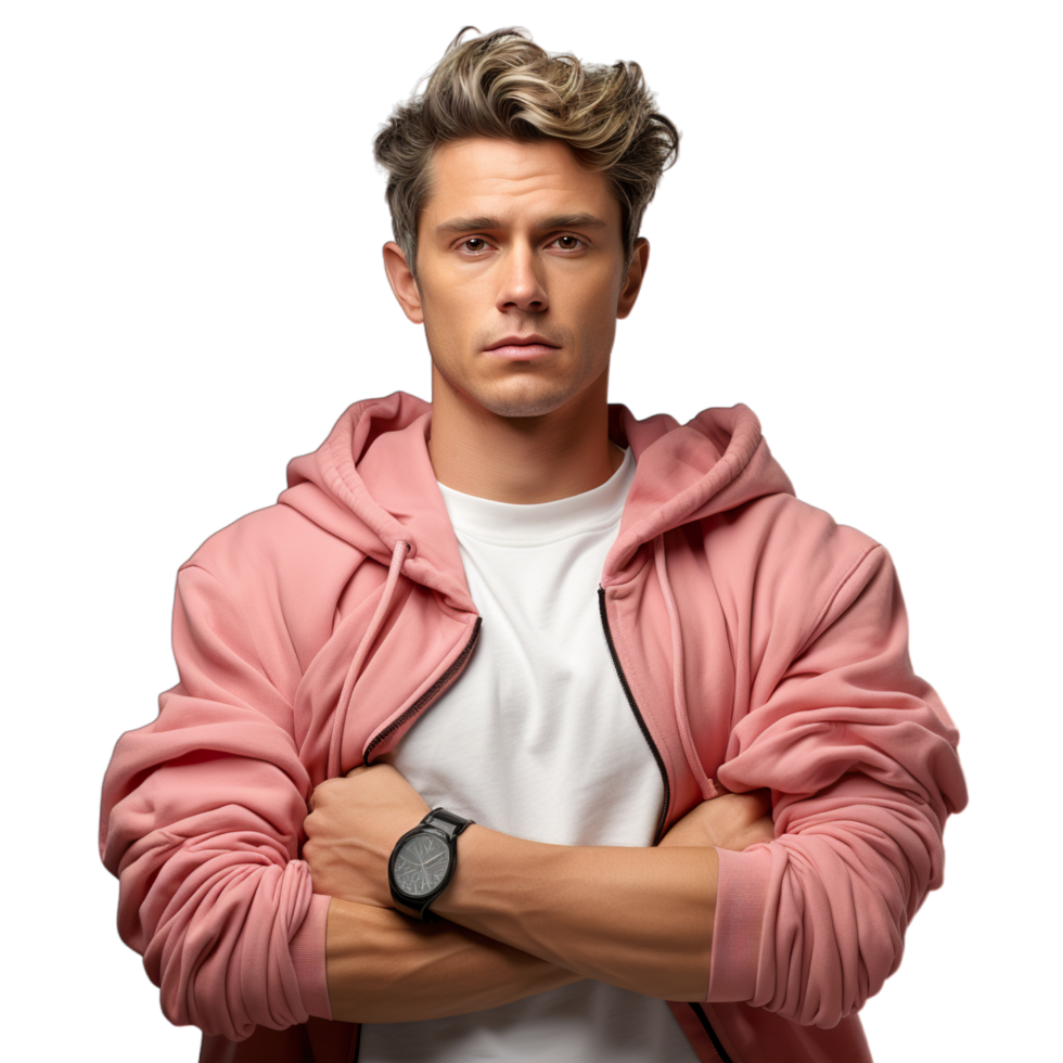 A man in a pink hoodie and white shirt png