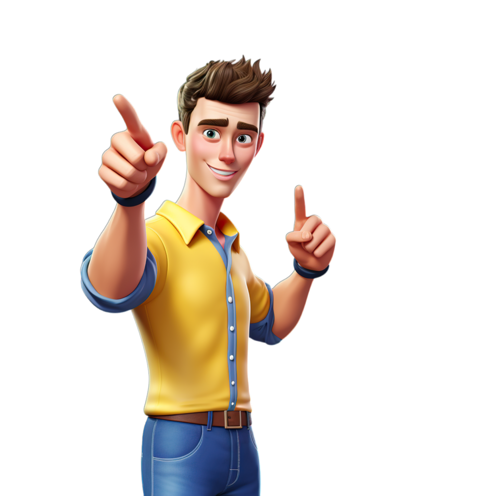A man in yellow shirt and jeans pointing at something png
