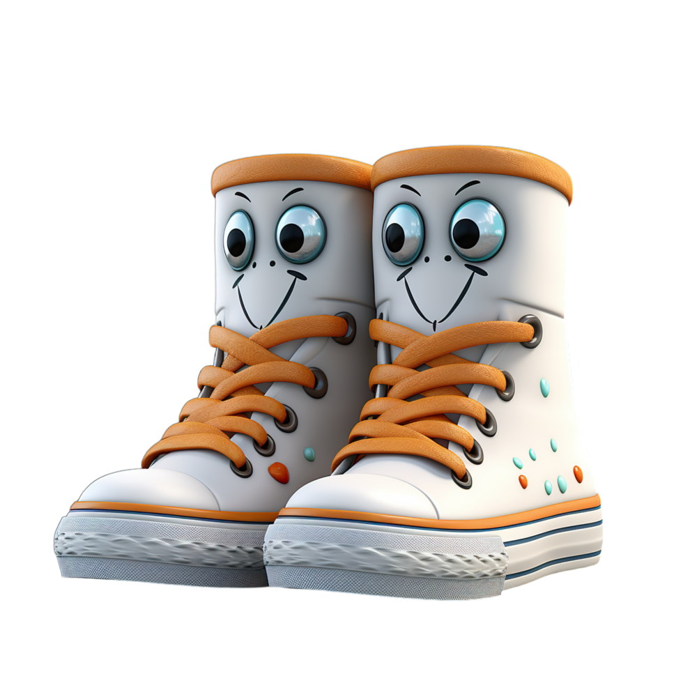 A pair of white sneakers with eyes and a smile png