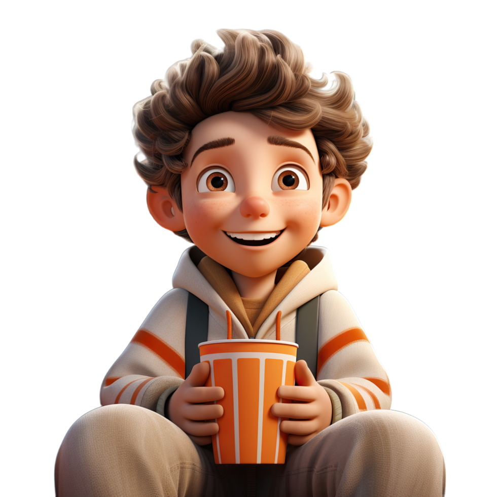 A cartoon boy sitting down holding a cup of popcorn png