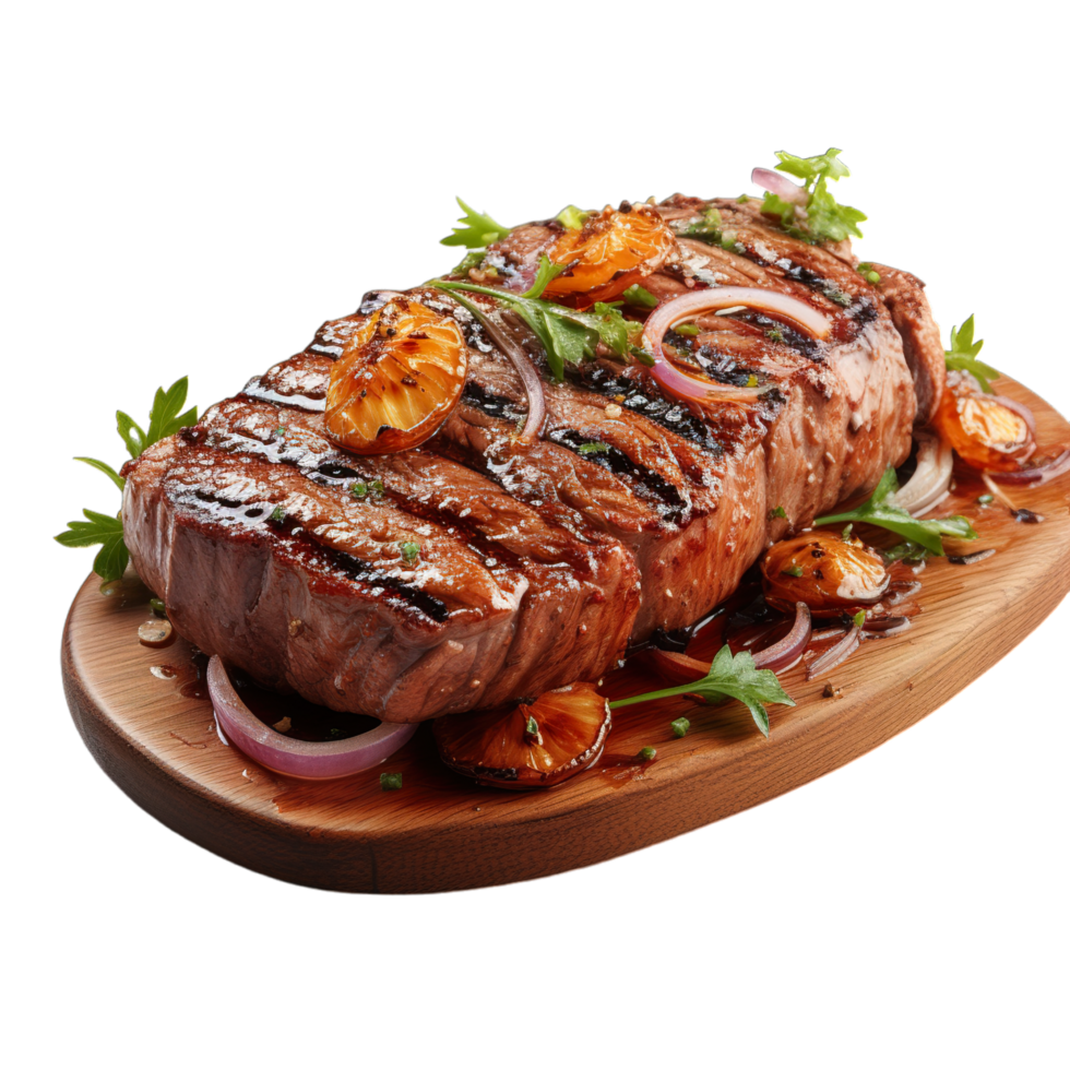 Grilled steak with vegetables on a wooden board png