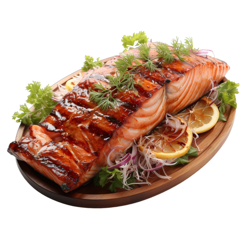 Grilled salmon on a wooden plate png