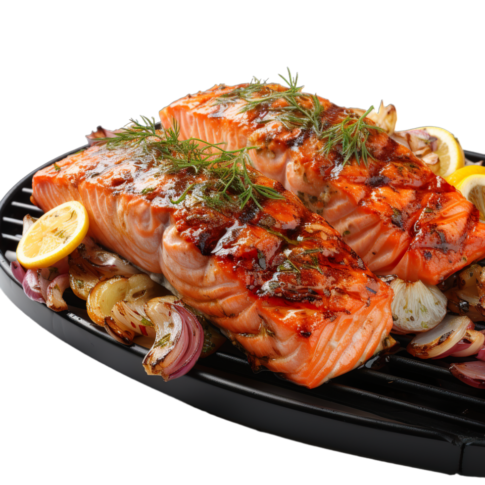 Two salmon fillets on a grill with onions and lemons png