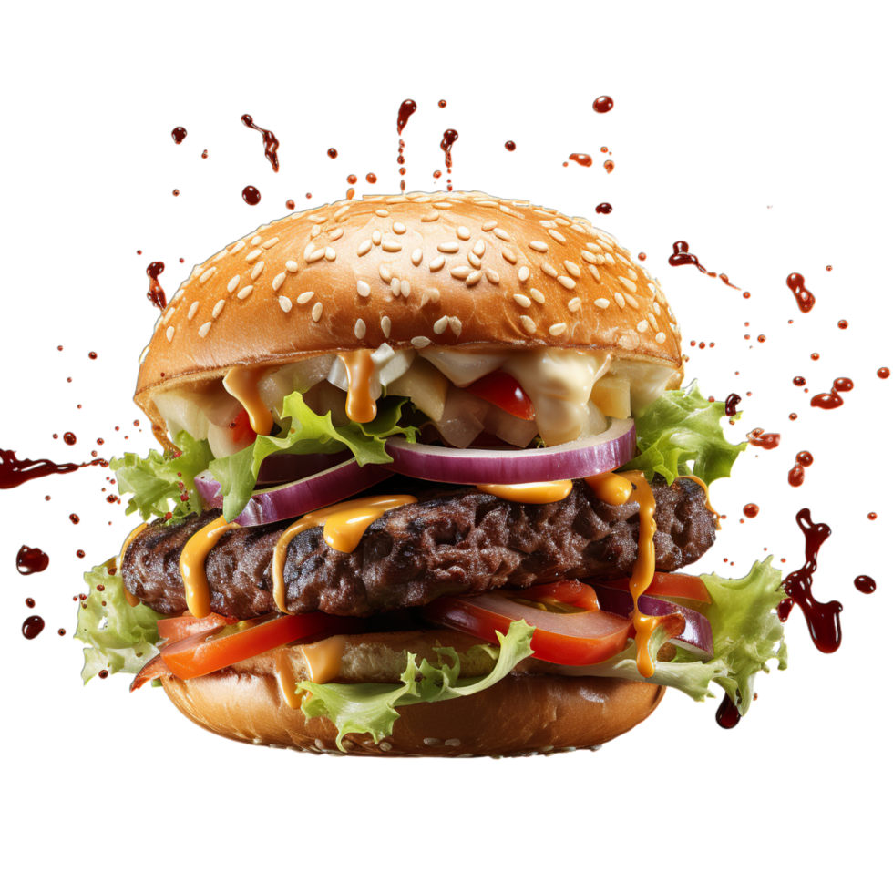 A hamburger with cheese, lettuce, onions and tomatoes png
