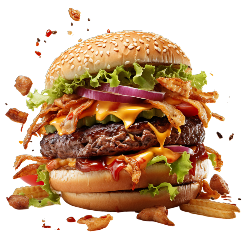 A large hamburger with cheese, onions and lettuce png
