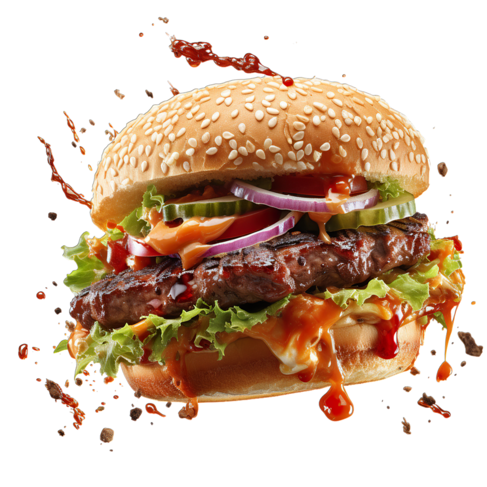 A hamburger with ketchup and lettuce png