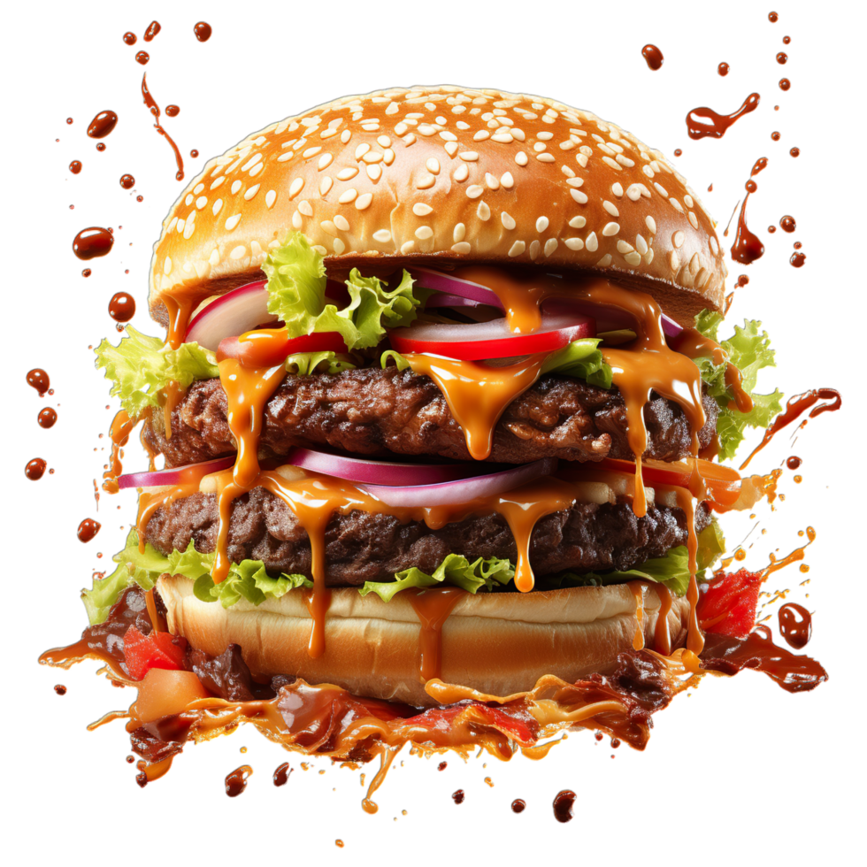 A large hamburger with toppings and sauce png
