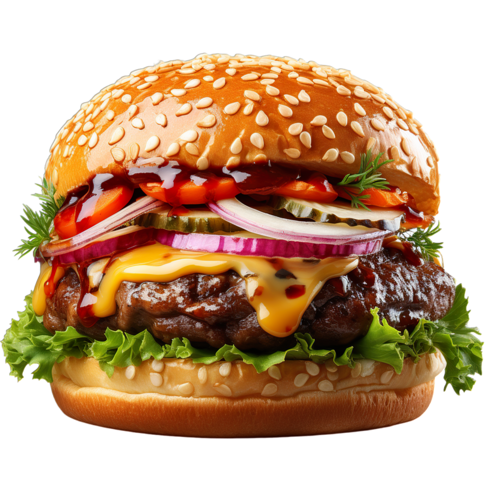 A hamburger with cheese, onions, tomatoes and lettuce png