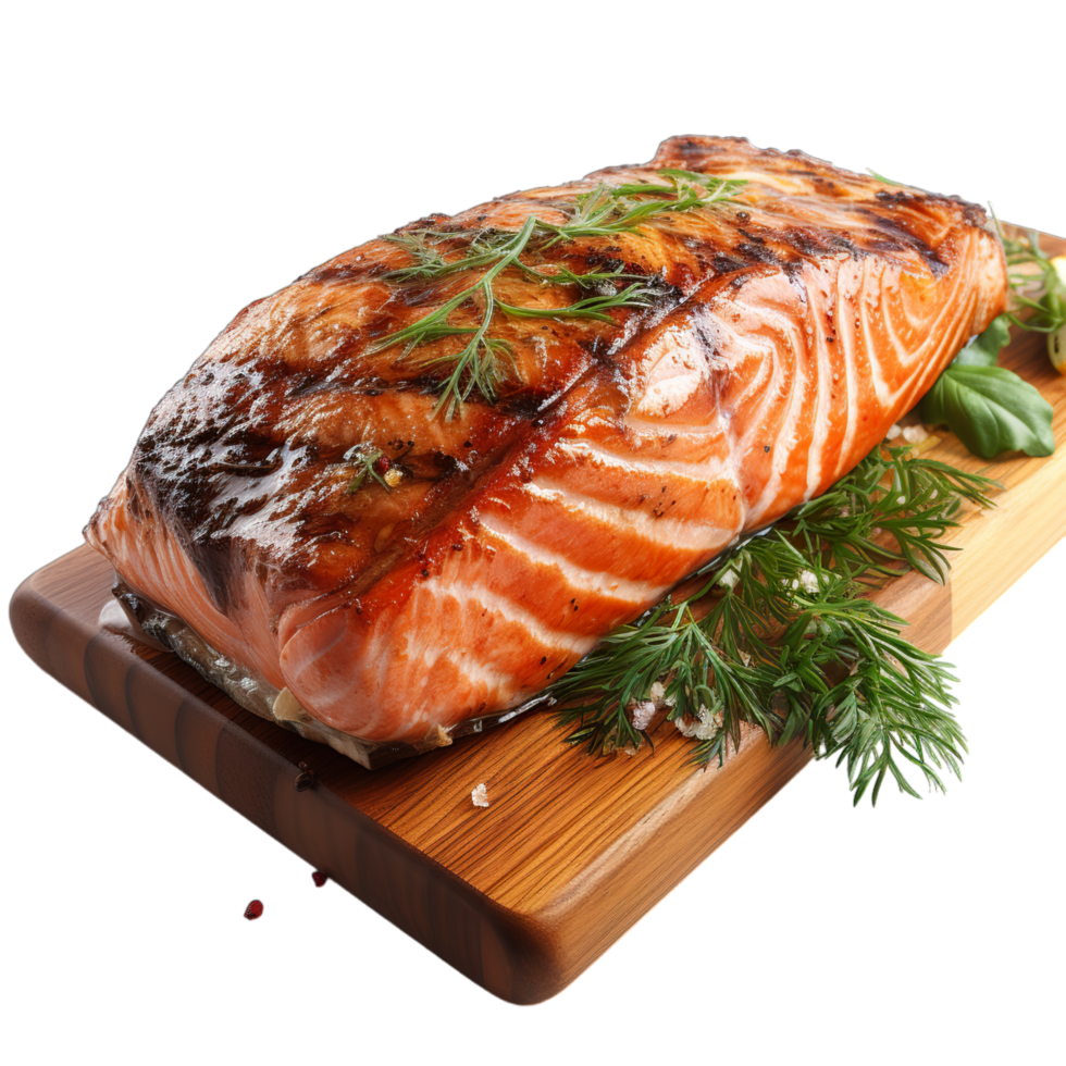 Grilled salmon on a wooden cutting board png
