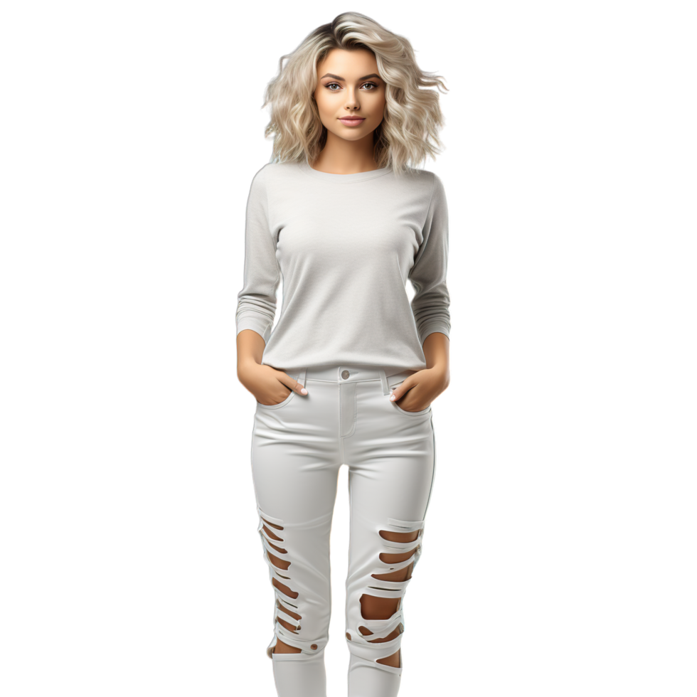 A woman in white ripped jeans and a sweater png