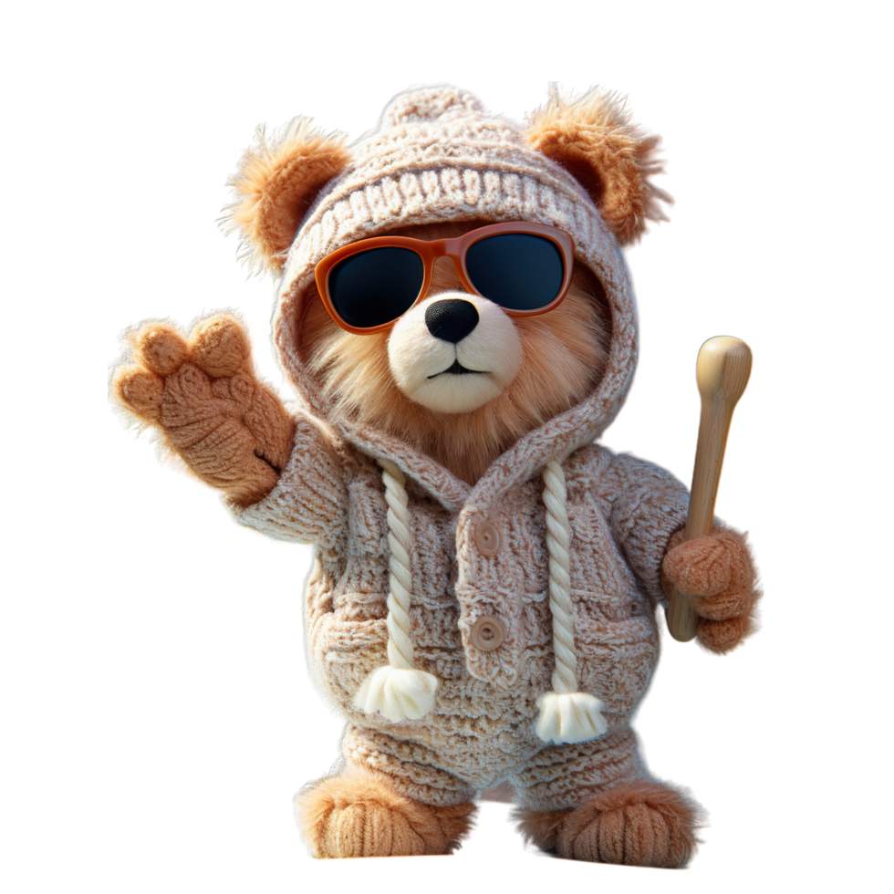 A teddy bear wearing a sweater and sunglasses png