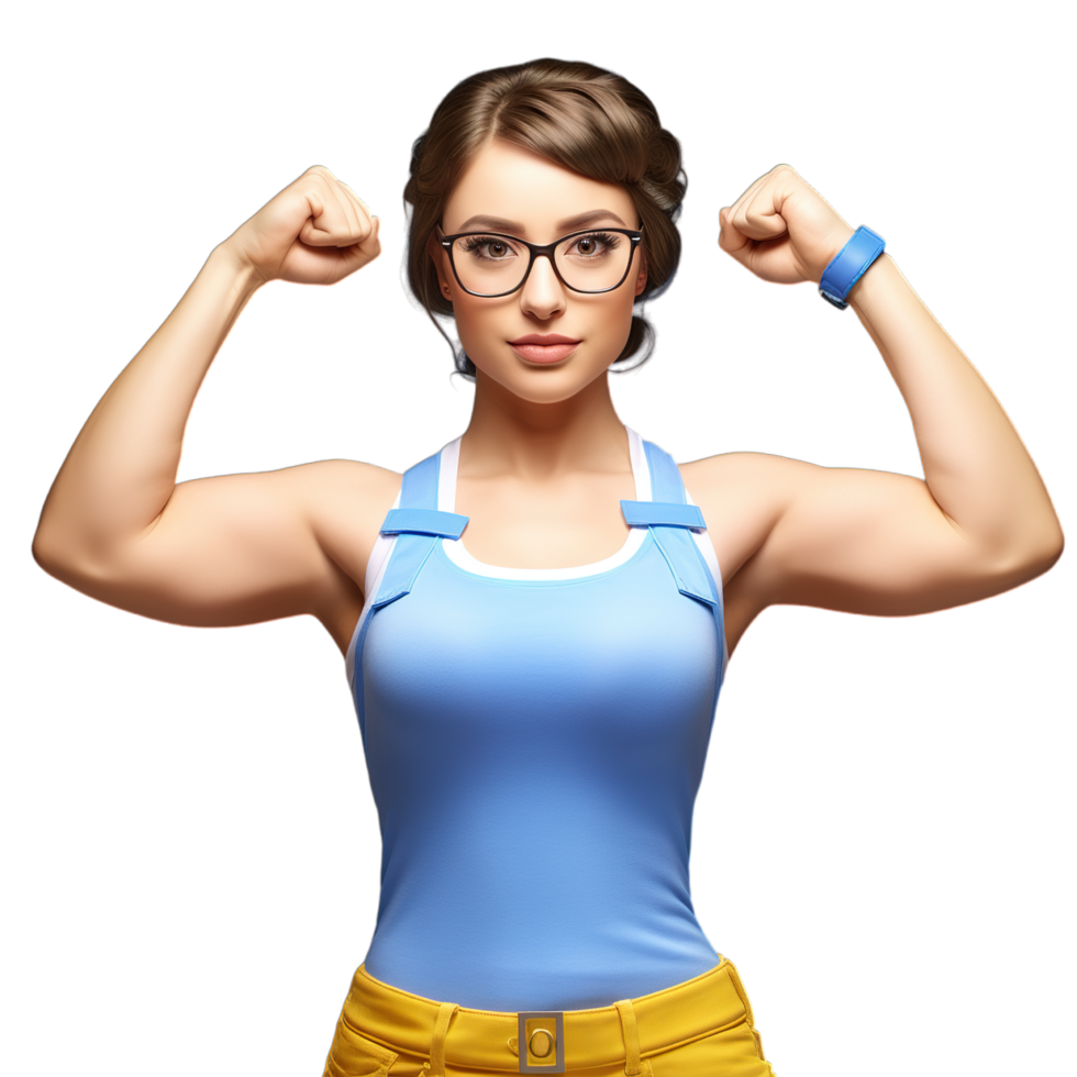 A woman with glasses and a blue top showing off her muscles png