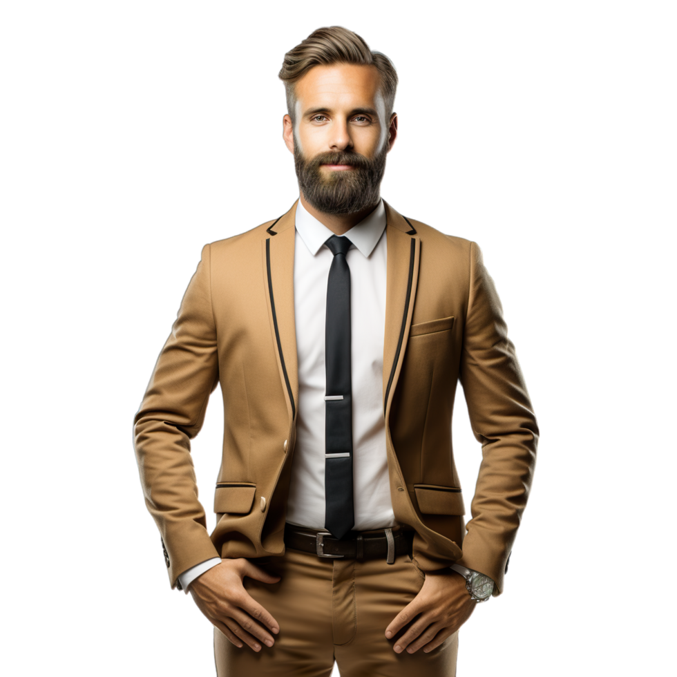A man with a beard and suit standing in front of a black background png