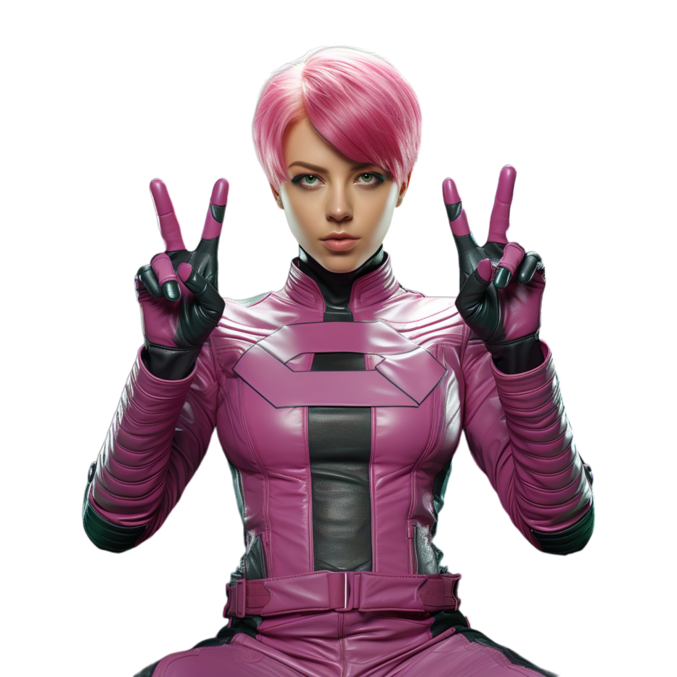 A woman in pink leather outfit with two fingers up png