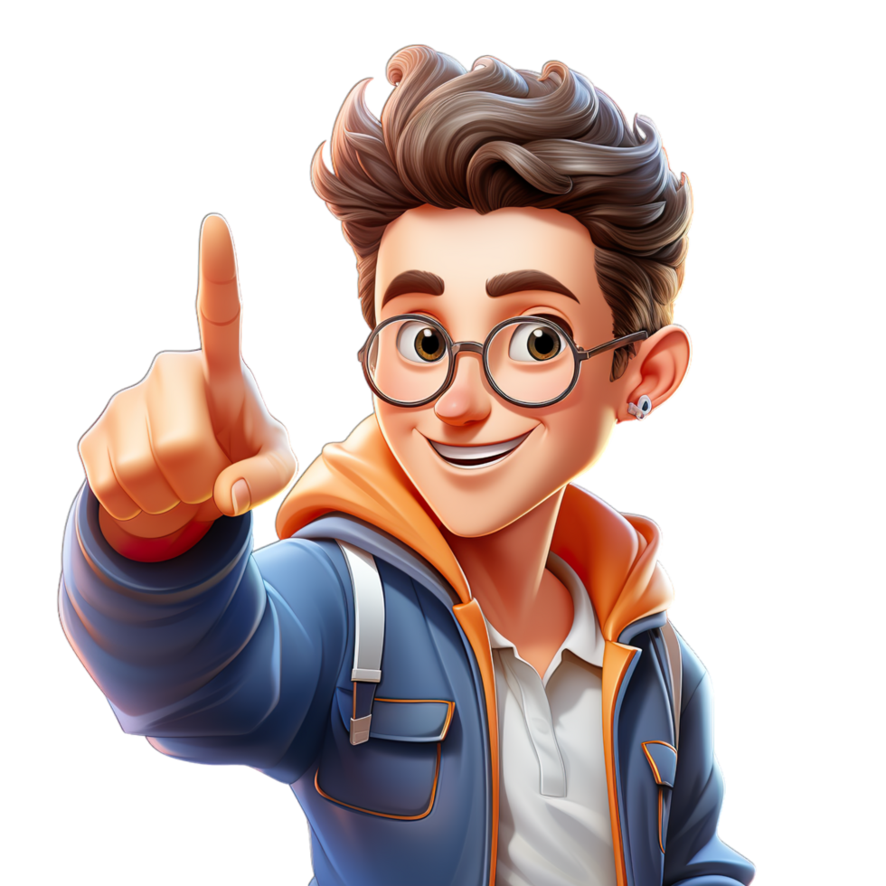 A cartoon boy with glasses and a jacket pointing at something png
