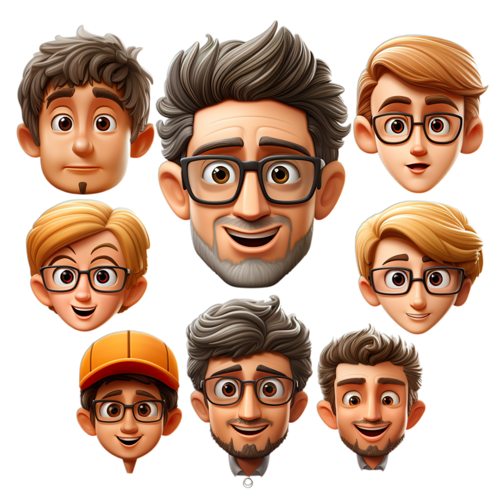 A set of cartoon men with glasses and different expressions png
