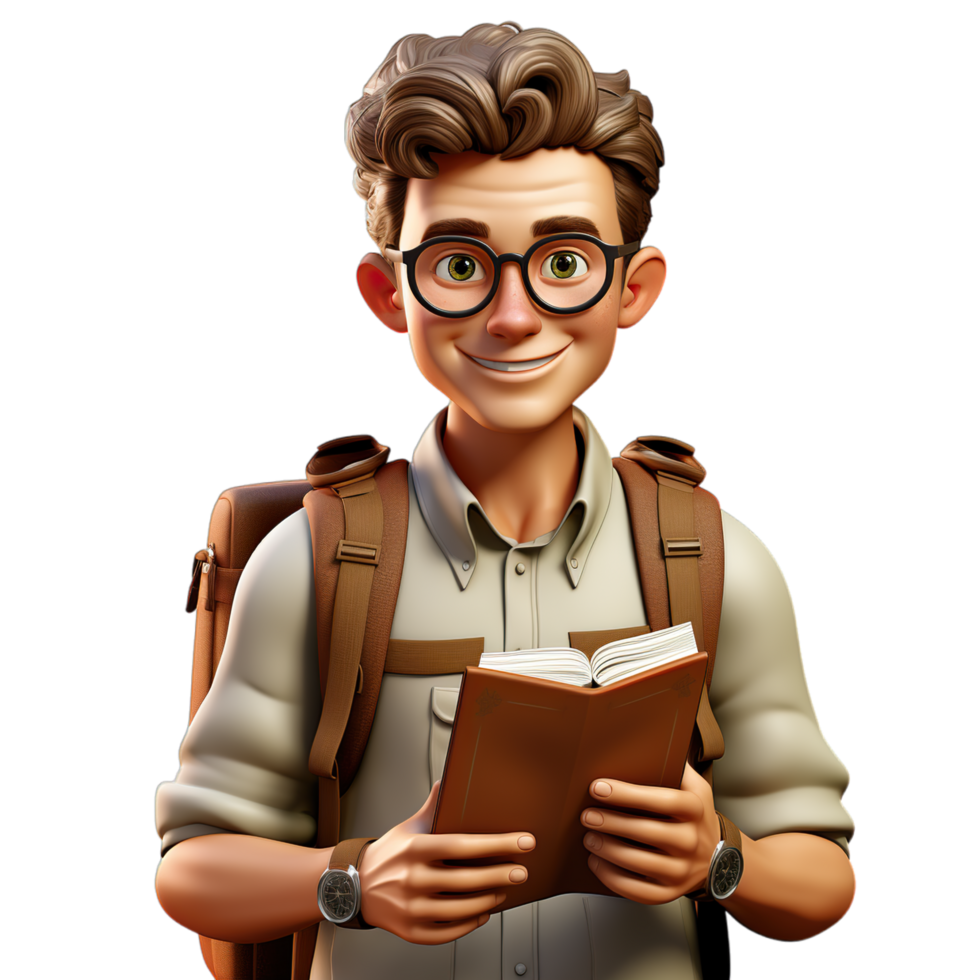 A cartoon man with glasses and a backpack holding a book png